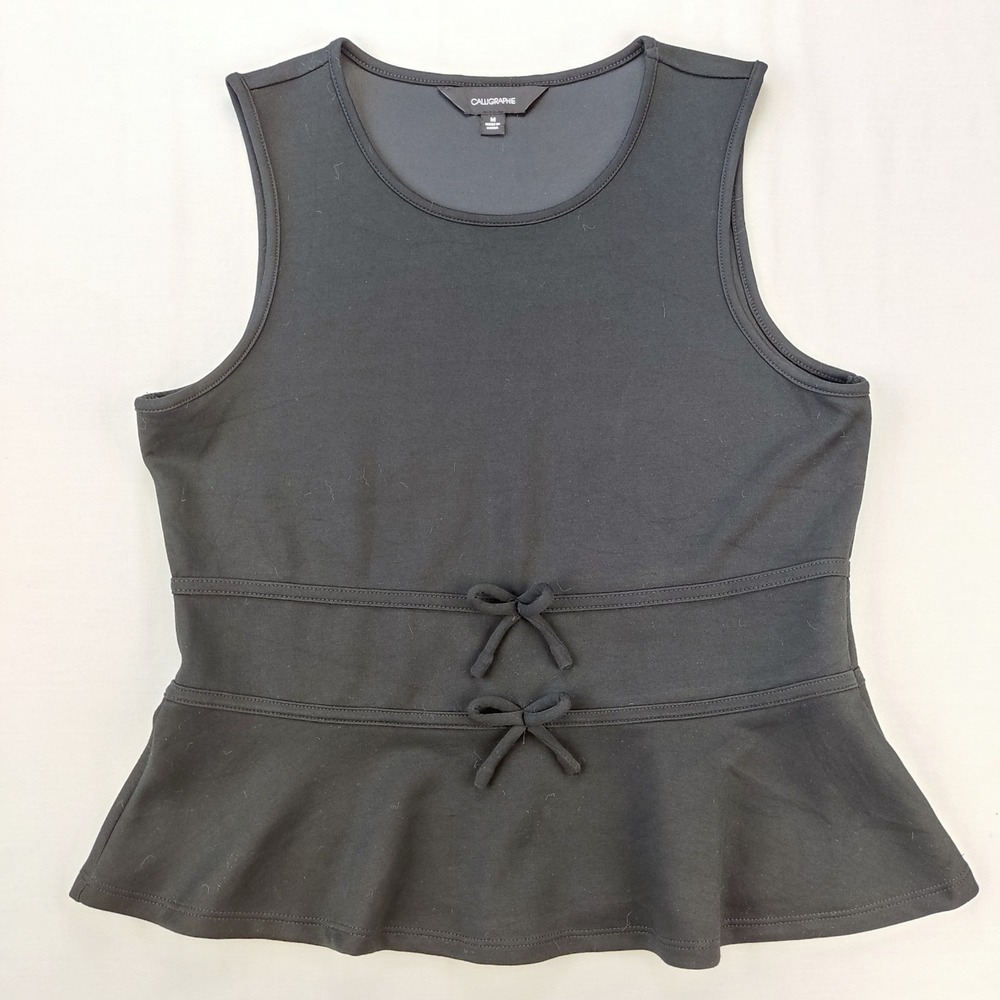 Calligraphie Top Women M Black Sleeveless Peplum Bow Front Empire Waist Blouse